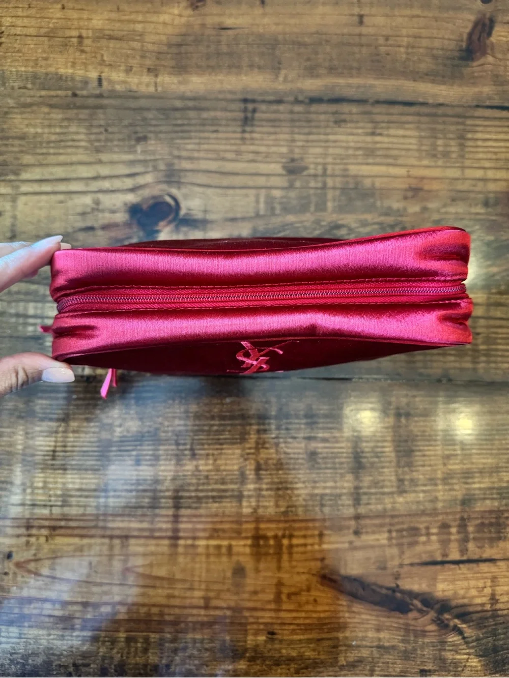 Yves Saint Laurent Red Satin Logo Cosmetic Pouch